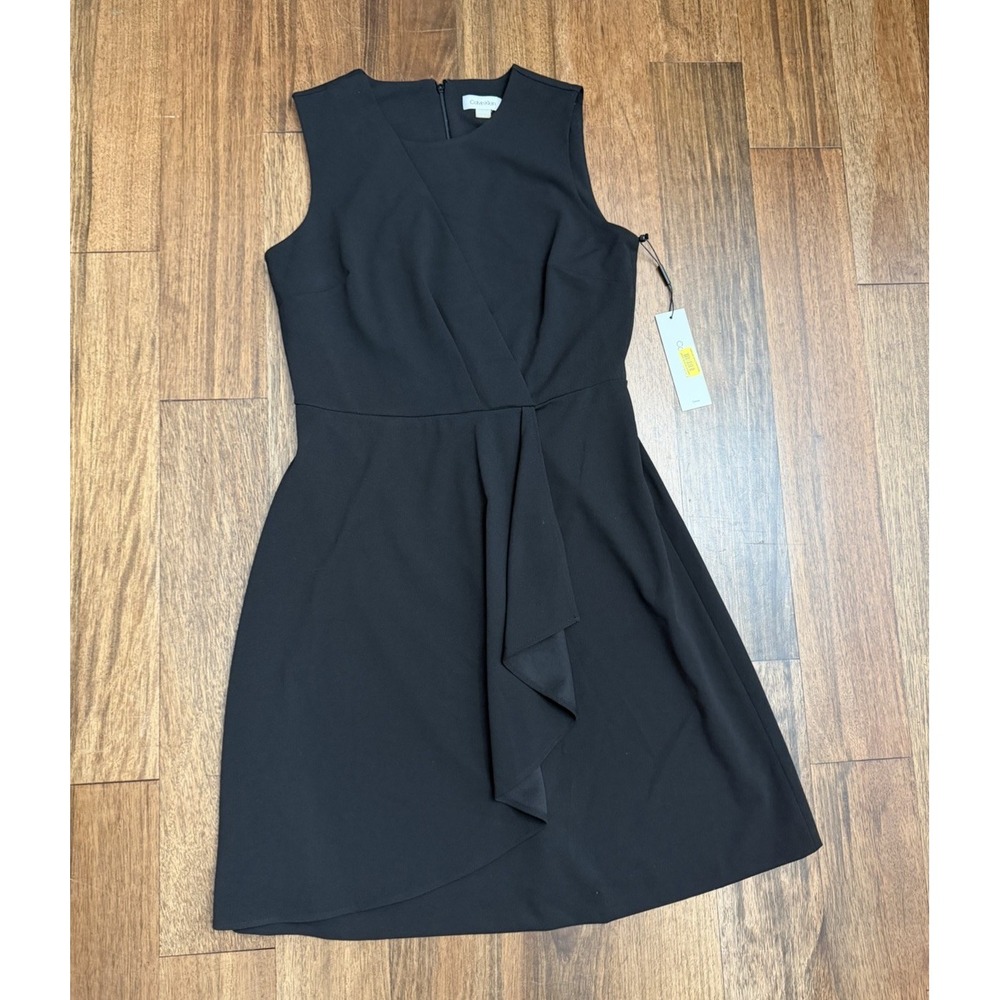 NWT Womens Calvin Klein Sleeveless Faux Wrap Dress Black 8